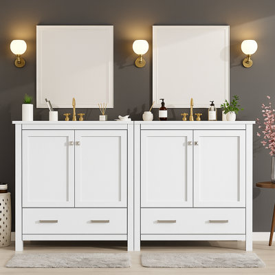 60" Double Bathroom Vanity Set with 2 Ceramic Sinks, Storage Shelf and Divided Drawers, Modern Bathroom Cabinet (Mirror Not Included)