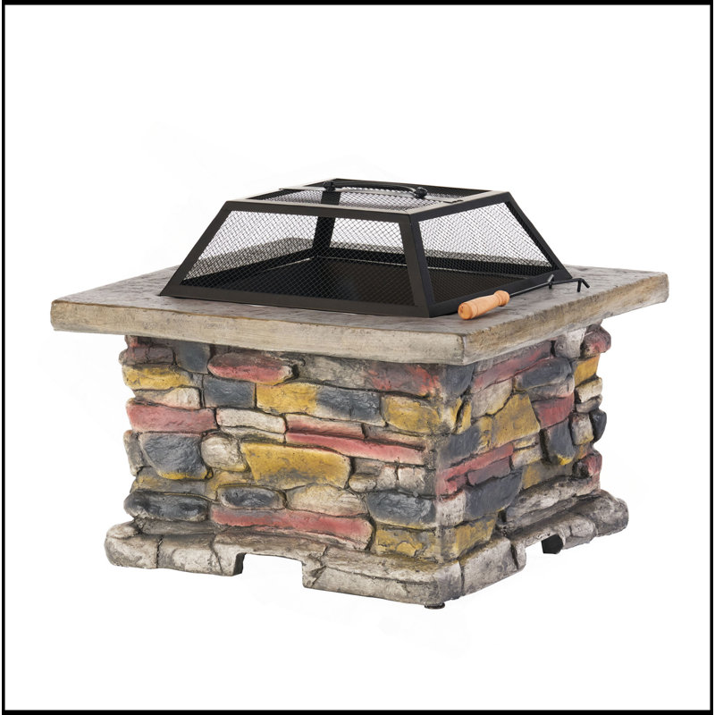 28" Concrete Wood Burning Outdoor Fire Pit Table With Lid, Natural/Gray