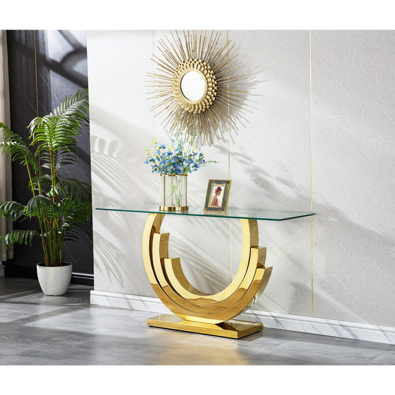 55" Glass Entryway Sofa Table Modern Narrow Long Console Table with Silver Mirrored Stainless Steel Base Contemporary Tall Accent Table for Living Room, Entryway, Hallway, Entrance