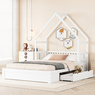 Lit en bois blanc avec garde-corps et tiroirs pratiques