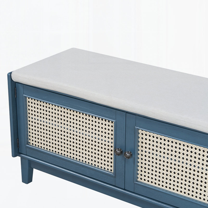 Banc d'entrée en rotin avec rangement Boho, Bleu marine antique / beige