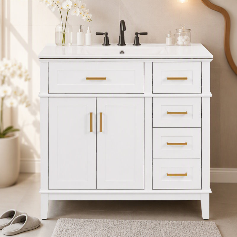Ce meuble-lavabo moderne de 36 po avec lavabo en céramique, porte à fermeture en douceur et 4 tiroirs de rangement offre un look raffiné avec une fonctionnalité pratique au quotidien.