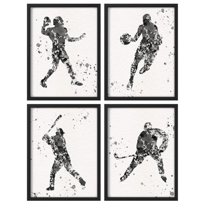 " Sports Silhouette Artwork Football Basketball Baseball Hockey Artwork Decor " 4 - Pieces
