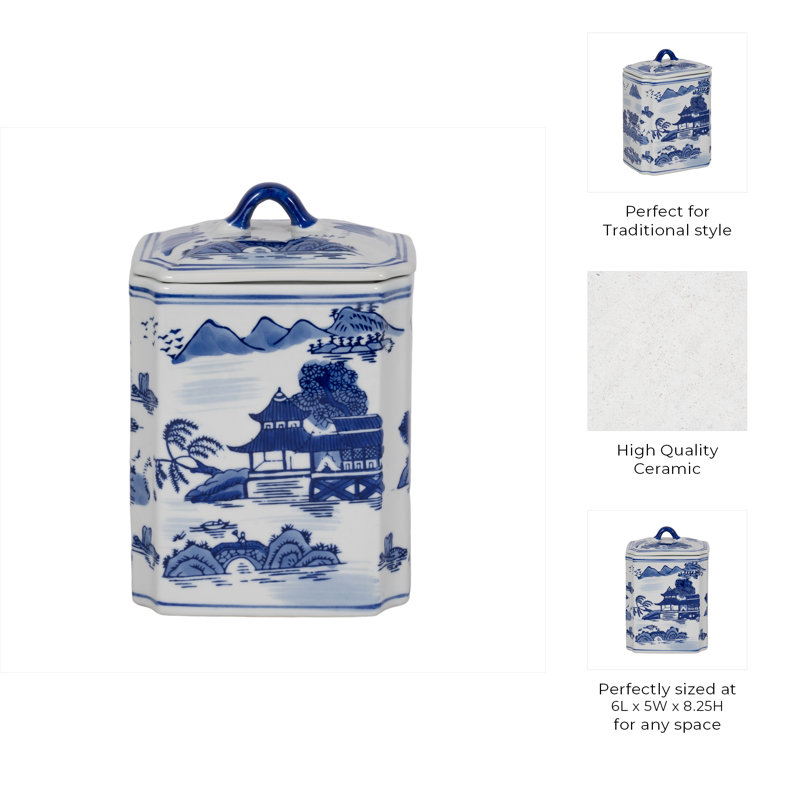 Stoneware Ceramic Chinoiserie Decorative Container with Lid