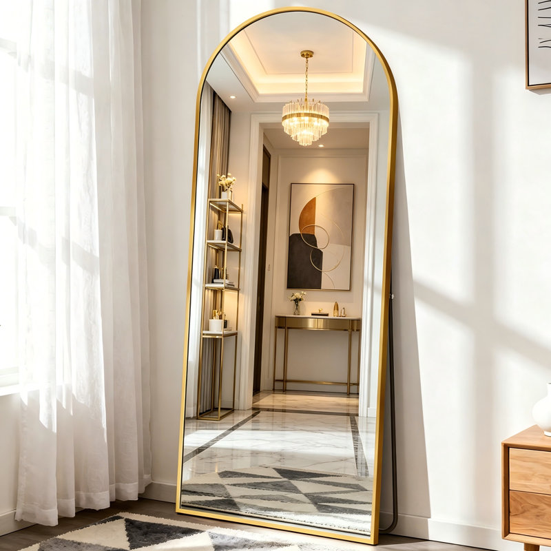 A Gold-Framed, Arched Full-Length Mirror (71" X 32") With A Simple Yet Sophisticated Design, Exuding A High-End Feel In Any Home Décor.