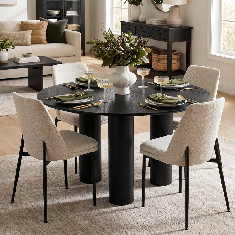 Modern 5-Piece Round Dining Set With Multi-Pedestal Base Table And Upholstered Side Chairs, Oatmeal