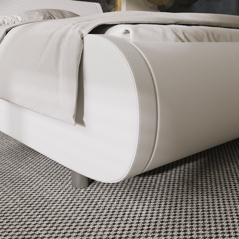Grau Faux Leather Platform Upholstered Sleigh Bed, Full, White