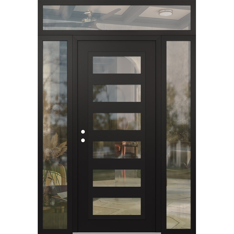 C9 60 po à droite X 96 po Panneau en acier noir et verre transparent noir et noir avec 2 panneaux d'entrée latéraux et porte d'entrée avant en verre transparent