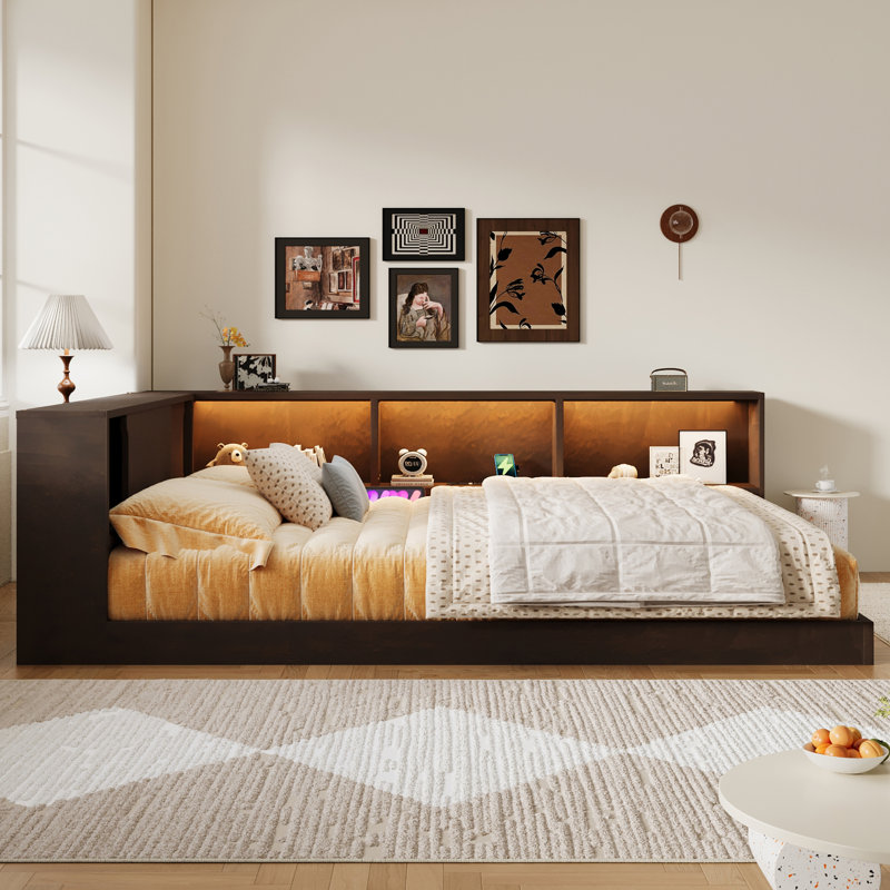 Queen Size Wood Daybed with Storage Shelves, USB Ports & LED Lighting, Brown, Brown