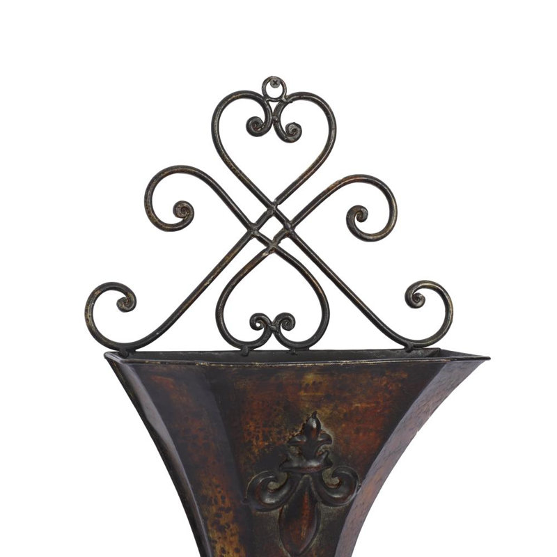 Alline Metal Indoor Outdoor Weathered Hanging Scroll Indoor Outdoor Wall Planter with Fleur-De-Lis Accent