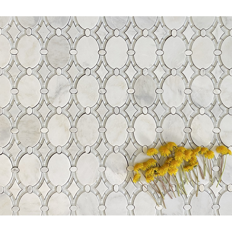 12.75" x 11.5" Marble Mosaic Wall Tile, White/Gray