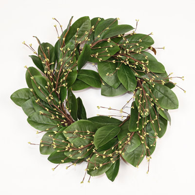 24" Artificial Farmhouse Magnolia Leaf Wreath Greenery Foliage Twig Berry Fall Winter Christmas Holiday Decor