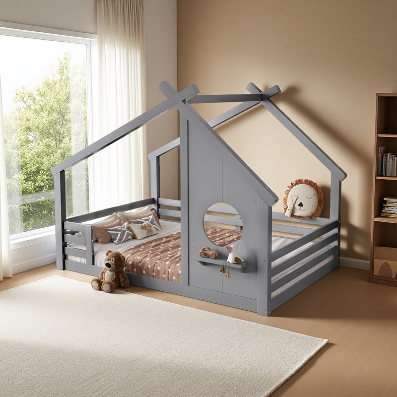 Lit de maison avec fenêtre et petite tablette, lit en bois massif avec toit en forme de maison, pas besoin de sommier, Gris