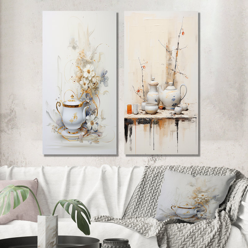 Beige thé poterie Silhouettes - ensemble de 2 décorations murales café et thé, H 40 po x l 41 po, Toile tendue