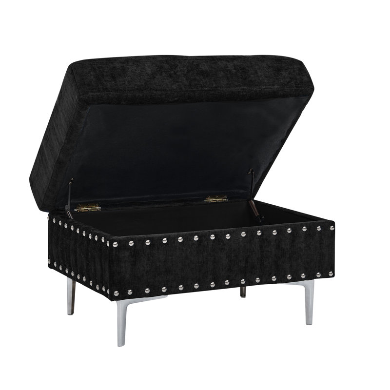 Sectional 3-Seaters Sofa With Chaise, Storage Ottoman, Metal Legs And Copper Nails,Two White Pillows,Black(102" X 76" X35")