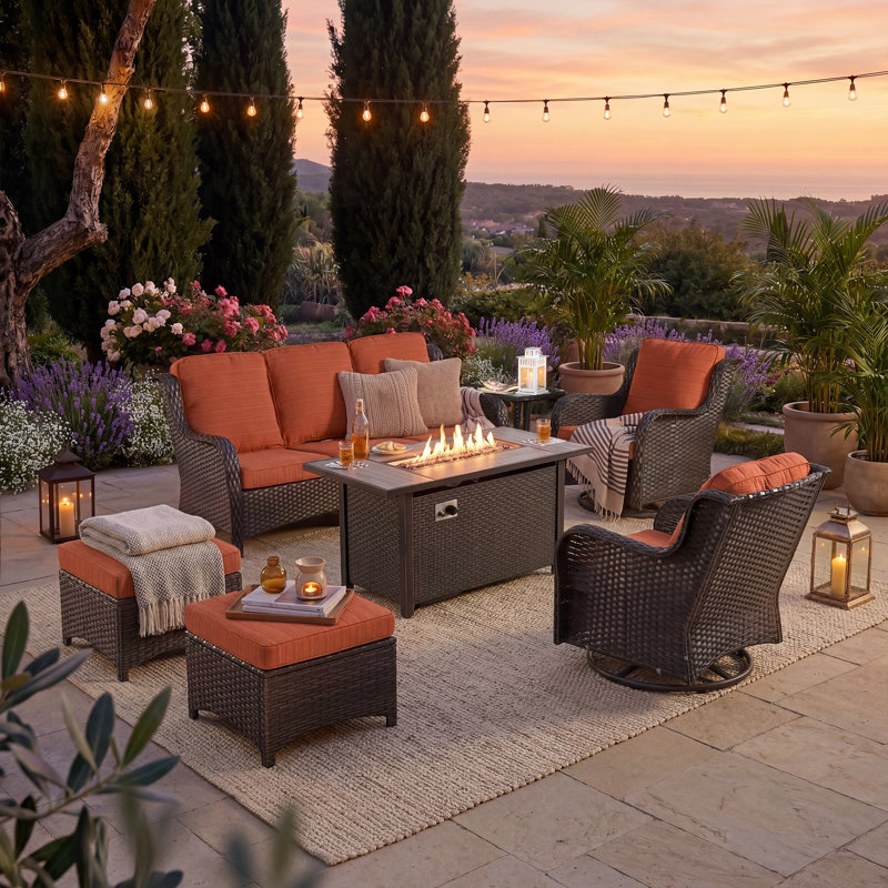 5 - Person Wicker Outdoor Conversation Set, Patio Sofa & Swivel Chair Set with Fire Pit and Cushions