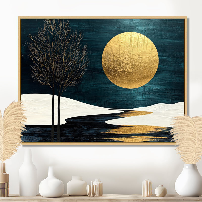 «Quiet Bold Mountain In Emerald Gold Harmony II», art mural grand lac, H 16 po x l 32 po, Impression encadrée flottante