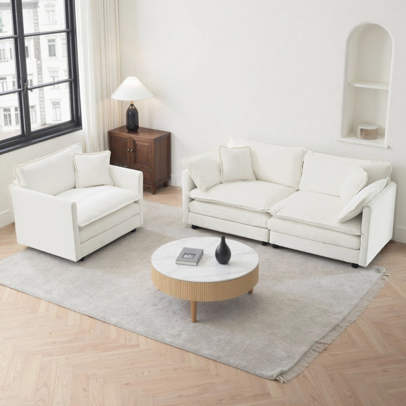 Ensemble de canapé-lit 2 pièces 2 pièces avec causeuse et canapé simple avec cadre en bois massif, Blanc