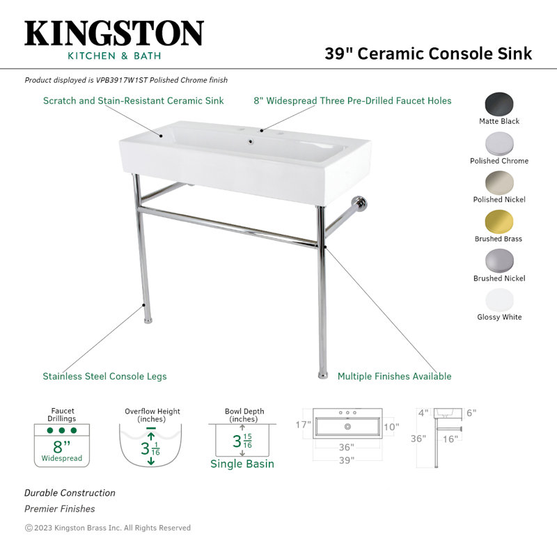 Kingston Brass New Haven 39-Inch Porcelain Console Sink with Stainless Steel Legs (8-Inch, 3-Hole), Brushed Nickel