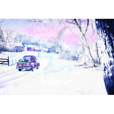 «Red Truck on Country Snow Twilight», peinture sur toile tendue
