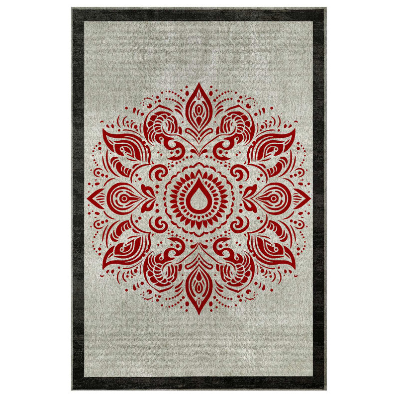 Qasida Collection Digital Print Cotton-Polyester Beige Red Moroccan Rug, Runner 5'3" x 16'5"