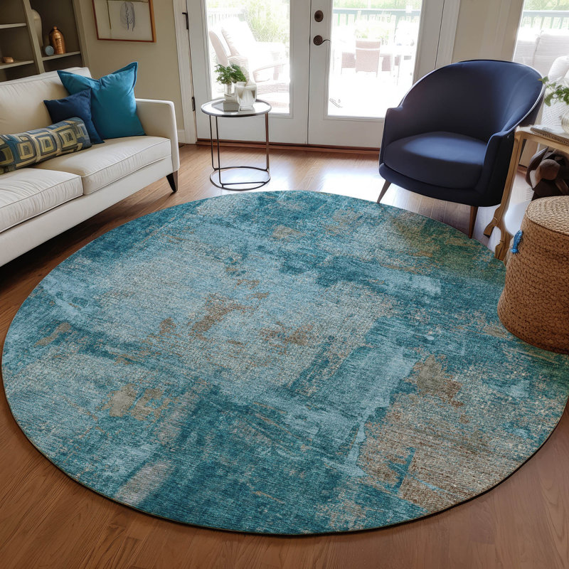 Teal Abstract Round Synthetic Washable Rug, 8'