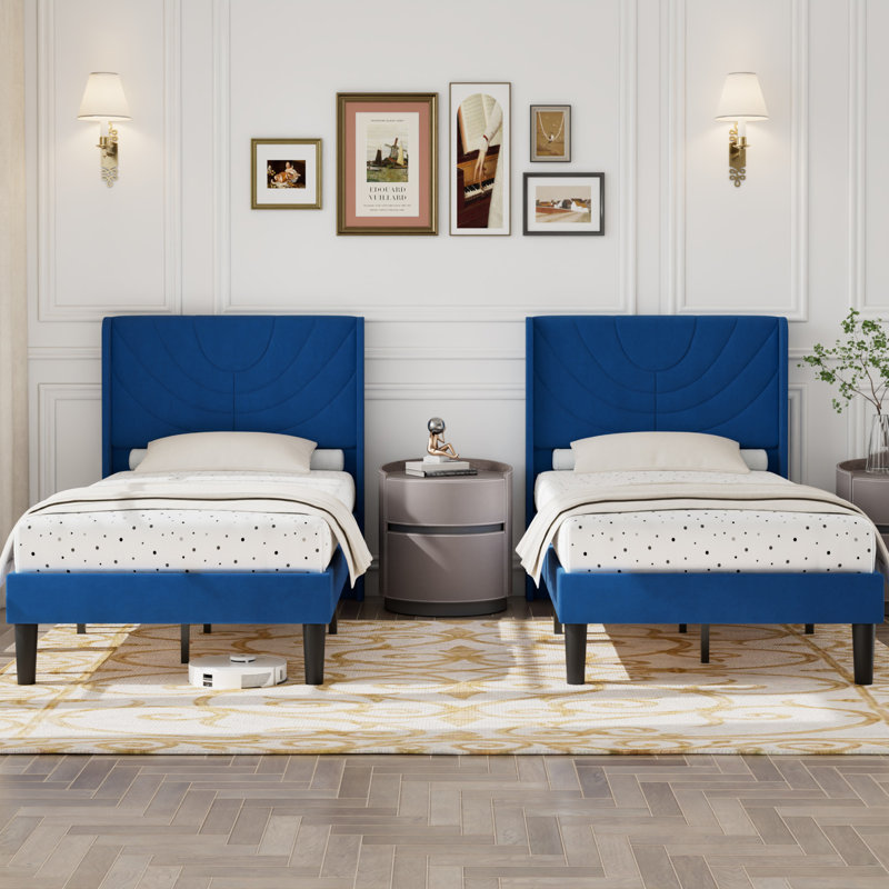 Rehnuma Twin Bed Upholstered Platform with Headboard and Strong Wooden Slats, Dark Blue