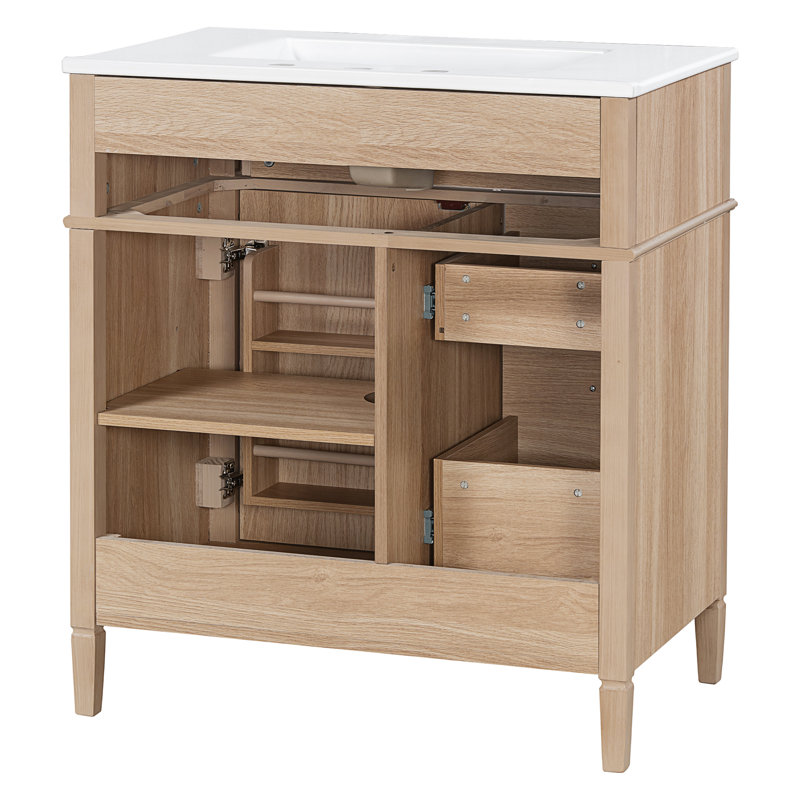 Meuble-lavabo de 30 po avec lavabo, armoire en bois massif et panneau de fibres à densité moyenne, tiroir rabattable, 2 tiroirs à fermeture en douceur, 1 porte à fermeture en douceur, poignées en bois élégantes