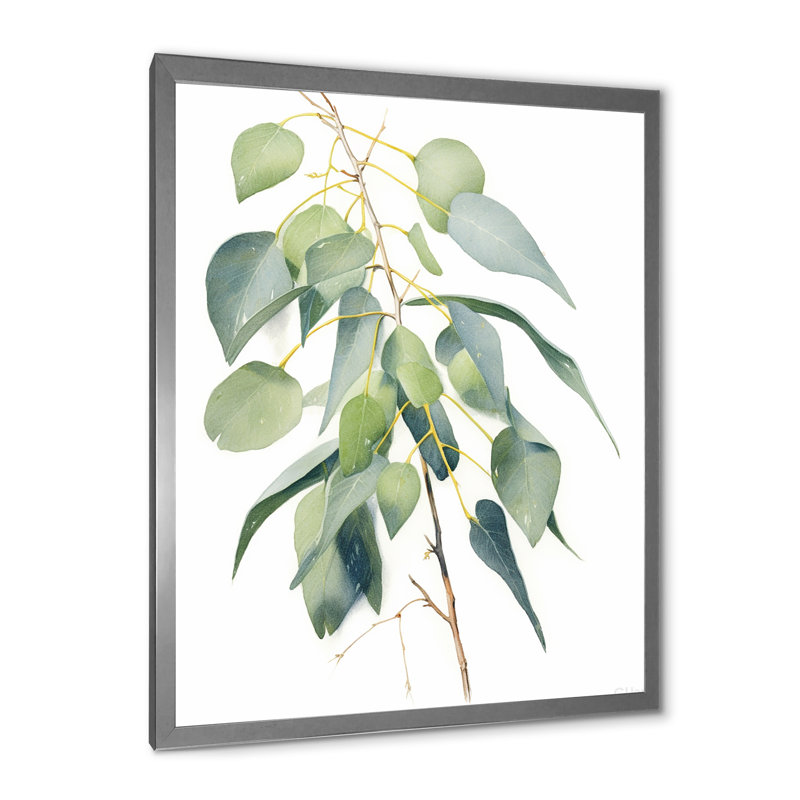 Vert, blanc, minimalisme, eucalyptus Essence I, H 32 po x l 24 po x P 1 po, Cadre simple argenté
