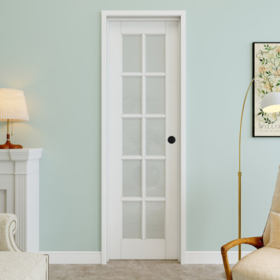 Porte pré-suspendue intérieure 24 po x 80 po en verre givré 10-Lite avec bouton rond et charnières argentées, plaque de porte d'intimité en verre, à peindre et imperméable, combinaison pour la lessive, portes de placard, portes de pièce, main gauche