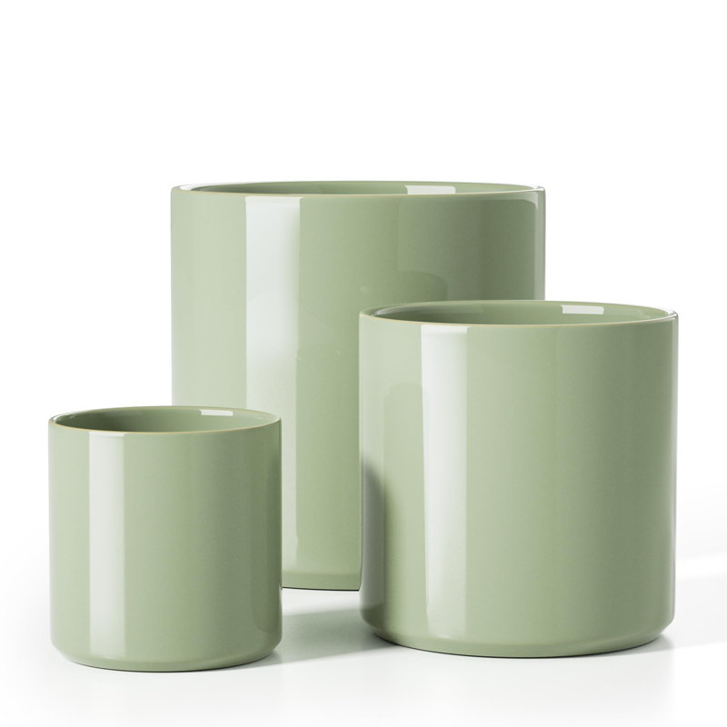 Olive Green Ceramic Indoor Planter Set with Drainage