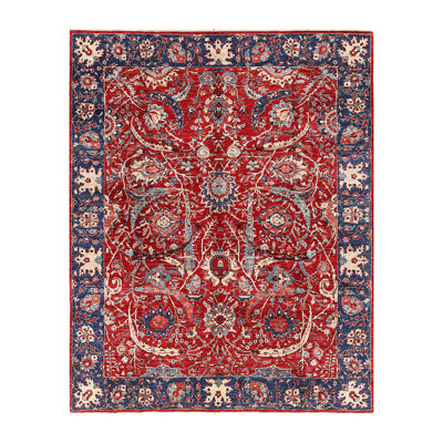Tapis rouge / bleu marine en laine noué à la main de conception unique 8 pi x 10 pi 1 po