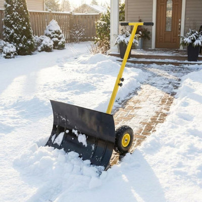 Snow Shovel with WheelsHeavy Duty Snow Pusher for Driveway,Ergonomic Snow Pusher Shovel with Snow Removal Adjustable Angle & Height Handle for Driveway, Pavement