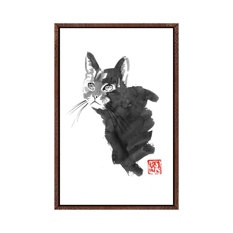 Staring Cat by Péchane - Painting on Canvas, 101.6 cm H x 66.04 cm W, Classic Brown Wood Framed