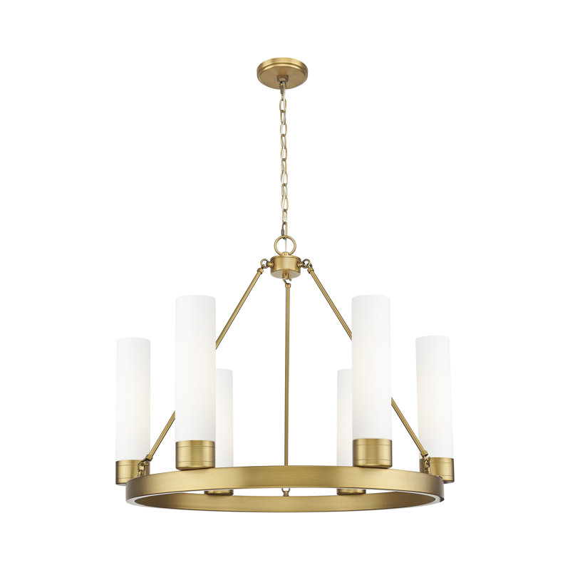 Lustre 6 lumières avec abat-jour Scherer, Blanc, Laiton brossé