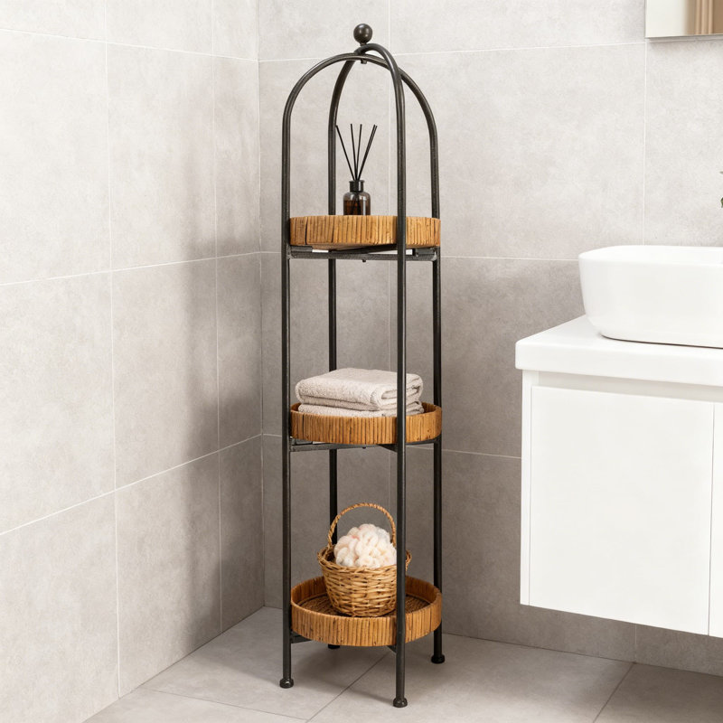 Support à plantes Boho avec 3 plateaux amovibles en rotin, tablette en métal arquée pour plantes d'intérieur et décoration intérieure, organisateur de présentation autoportant