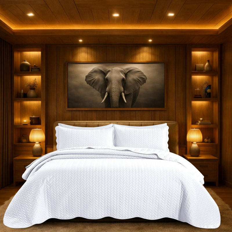 Microfiber Embossed Oversized Bedspread Set With Shams – Modern & Contemporary, Machine Washable, Dust-Resistant, White