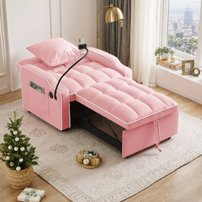 UnaNoxa Velvet 3-In-1 Convertible Sofa Chair Bed With Adjustable Backrest, Phone Holder & Usb Ports