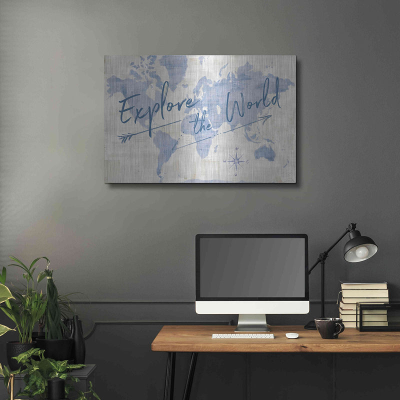 «World Map Collage Explore» par Sue Schlabach - peinture sans cadre, H 24 po x l 36 po x P 0,13 po
