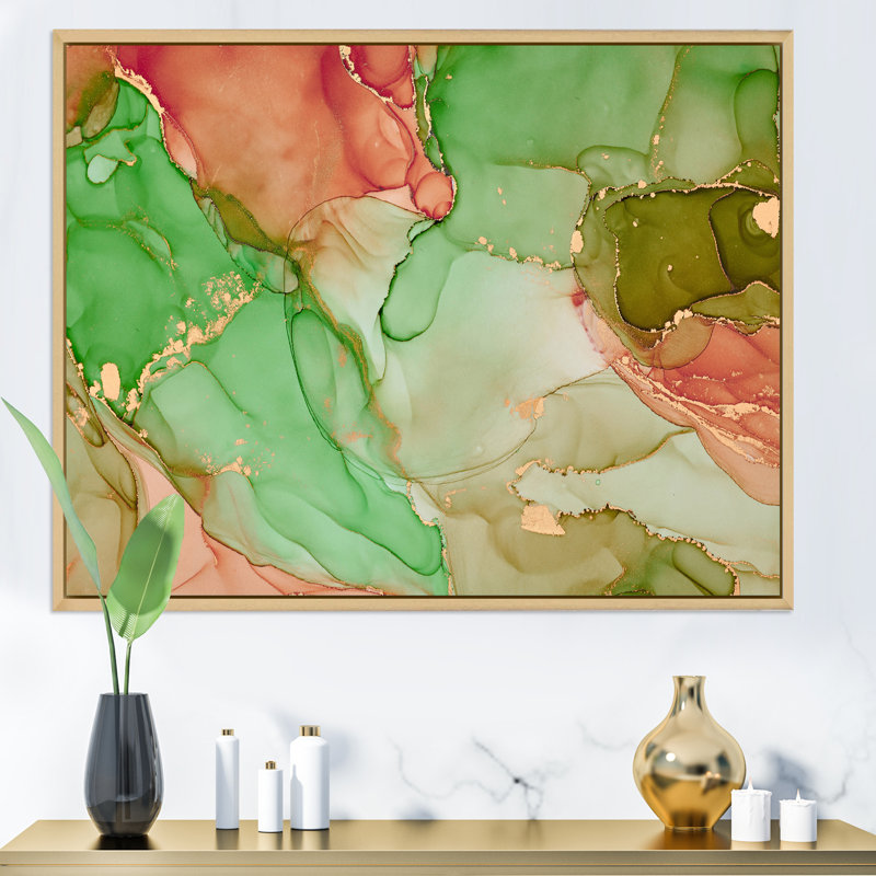 «Green Luxury Abstract Fluid Art», reproduction sur toile, H 24 po x l 32 po, Cadre flottant en érable