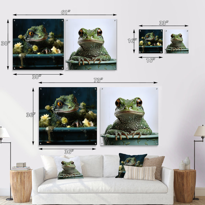 «Bathroom Geckos Green Soak», ensemble de 2 peintures murales en acrylique pour salle de bain, H 36 po x l 73 po