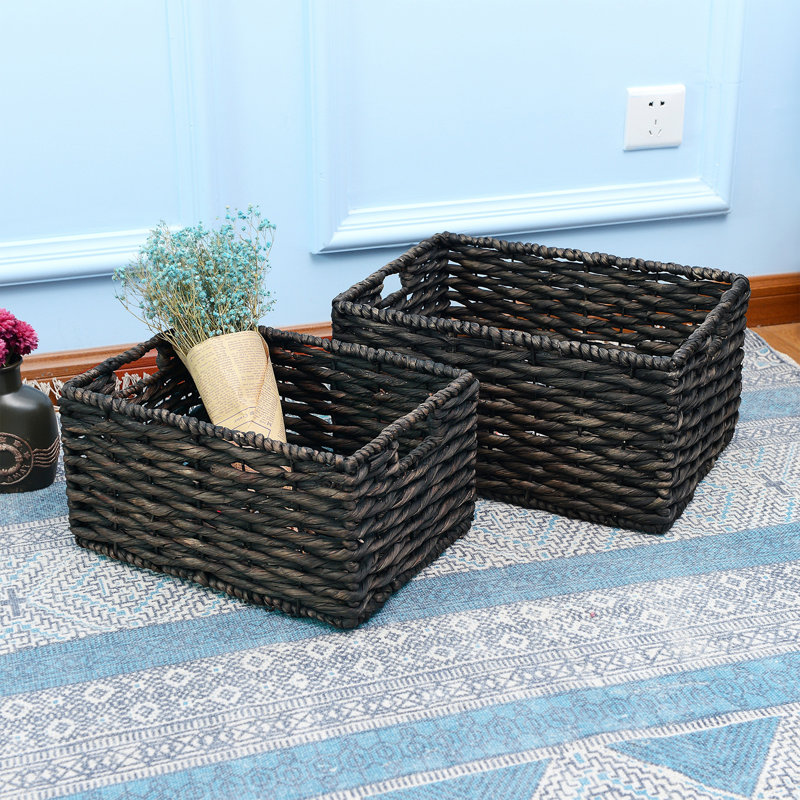 Twisted Rectangle 2 Piece Wicker Basket Set, Black