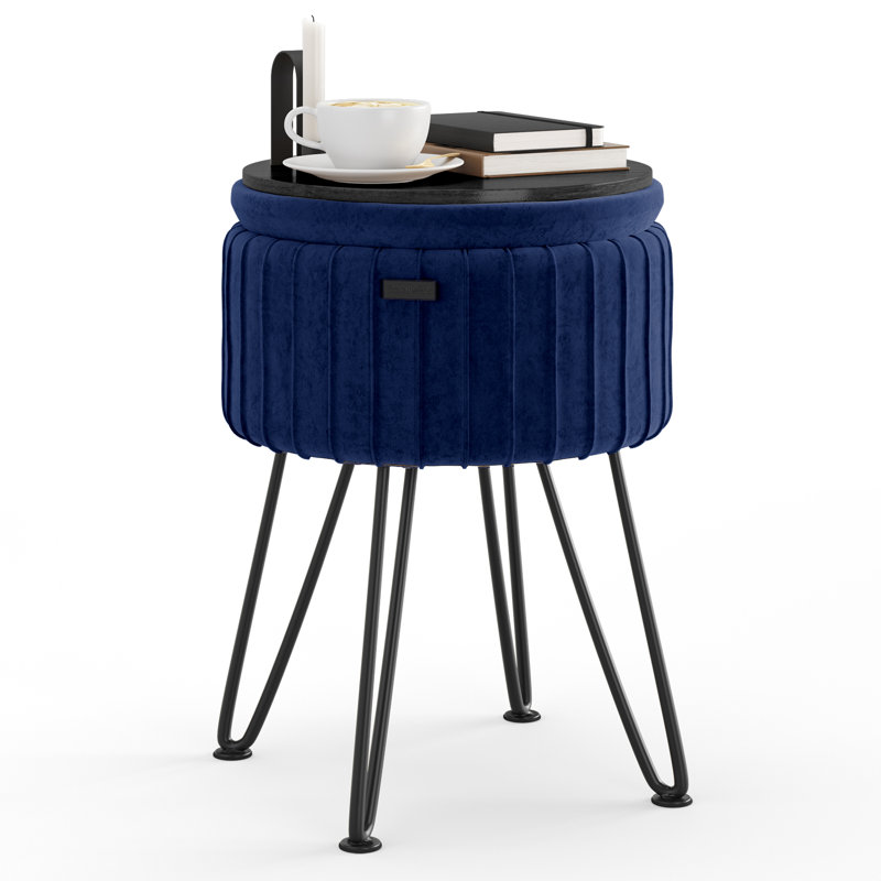 Repose-pieds rond en velours plissé avec rangement, Bleu, Noir, noir, noir, noir