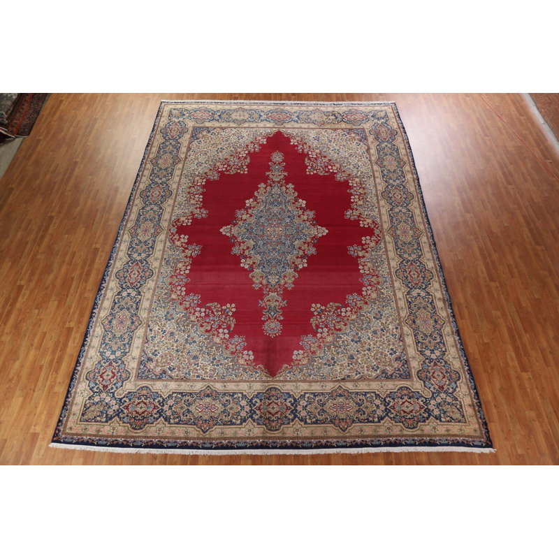 Grand tapis persan Kerman à motif floral rouge noué à la main 12 x 16