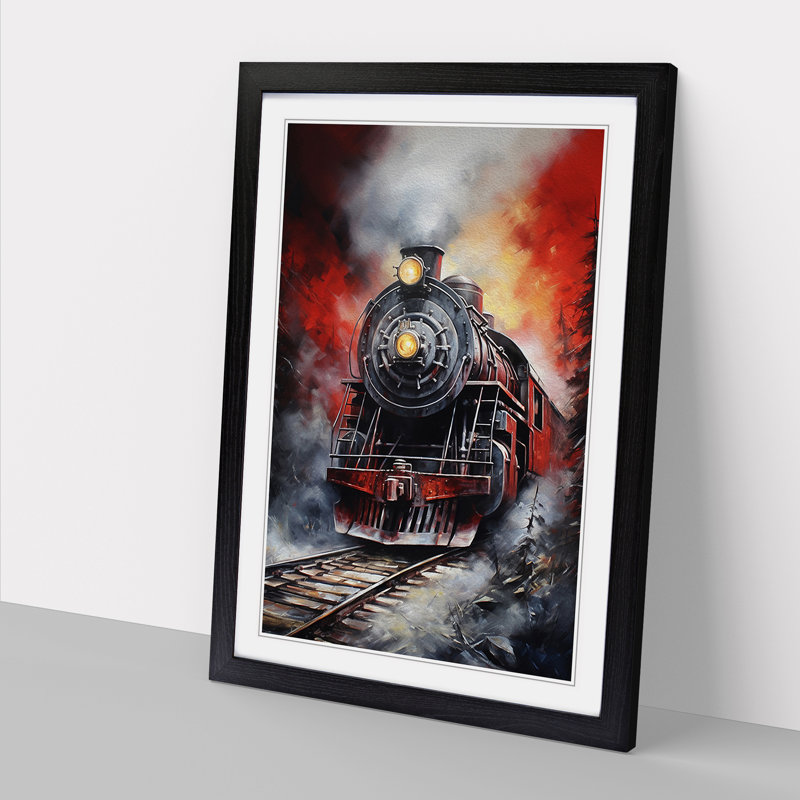 Steam Train Hard Edge Painting - Single Picture Frame Print on Wood, 64cm H x 46cm W x 2cm D, Black