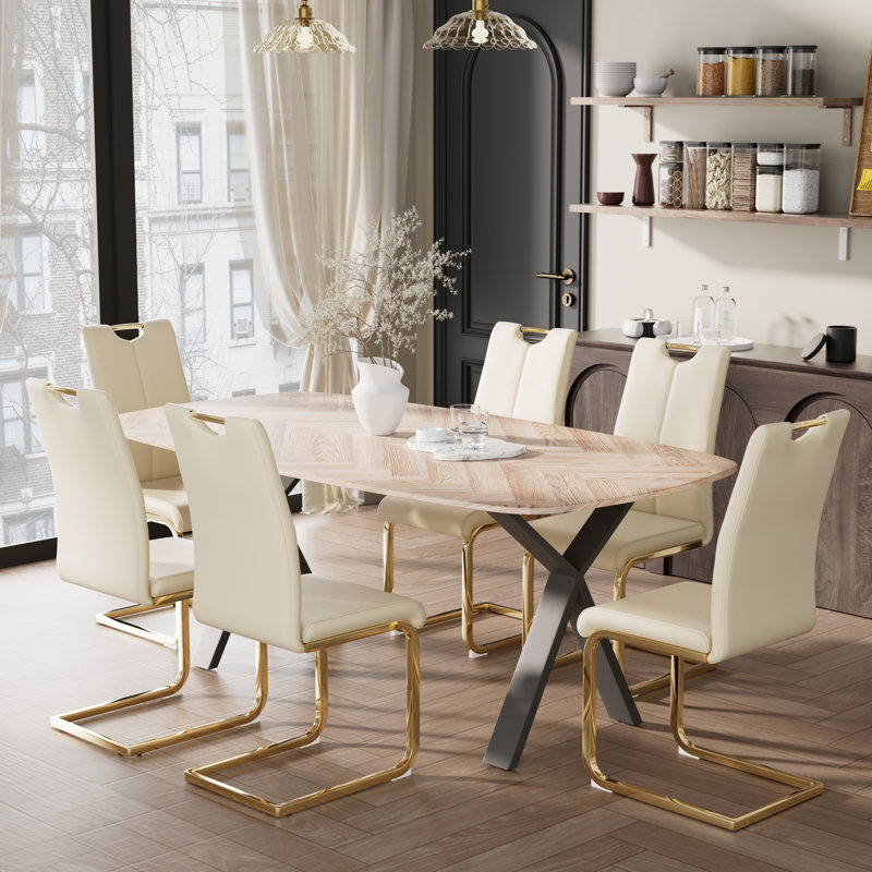 Rectangle Pedestal Dining Set, 7, Yellow/Gold