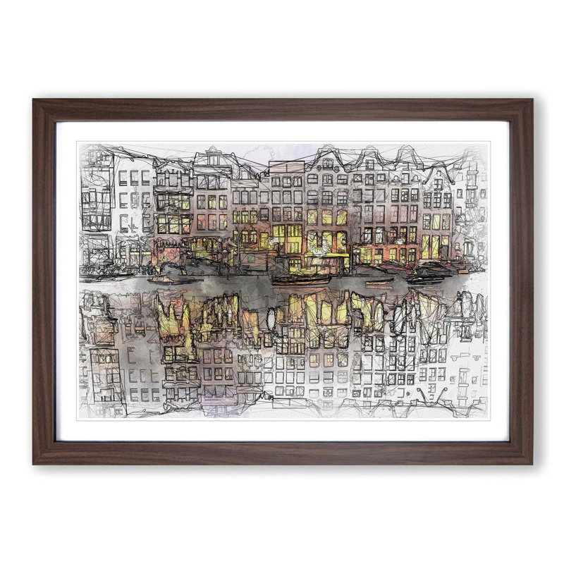 Amsterdam at Night in Abstract - Picture Frame Graphic Art Print on MDF, 62cm H x 87cm W x 2cm D, Walnut Framed