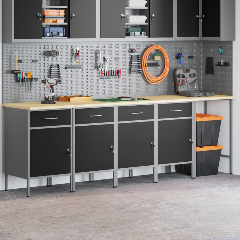 Set Of 5 Steel Large Height-Adjustable Workshop Cabinet, Black