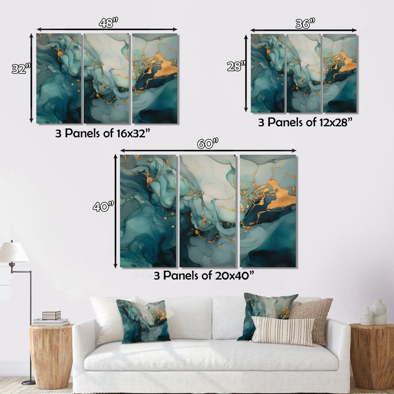 Marbre infusé d'or turquoise I 3 pièces, H 32 po x l 48 po x P 1 po