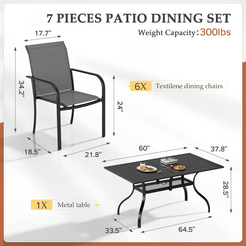 Ensemble de salle à manger de patio pour 6 personnes avec table de salle à manger rectangulaire en métal et fauteuils empilables en textilene Behrens